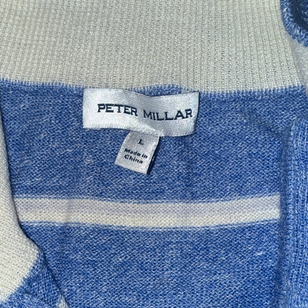Peter Millar Blue and White Cotton Blend Striped Zip Up Sweater - Picture 2 of 2